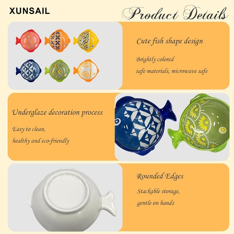 XUNSAIL أطباق غمس خزفية - مجموعة أطباق صلصة الصويا، 6 قطع أطباق غمس سمكة لطيفة للطبق الجانبي، كاتشب حفلة الشواء - Image 5